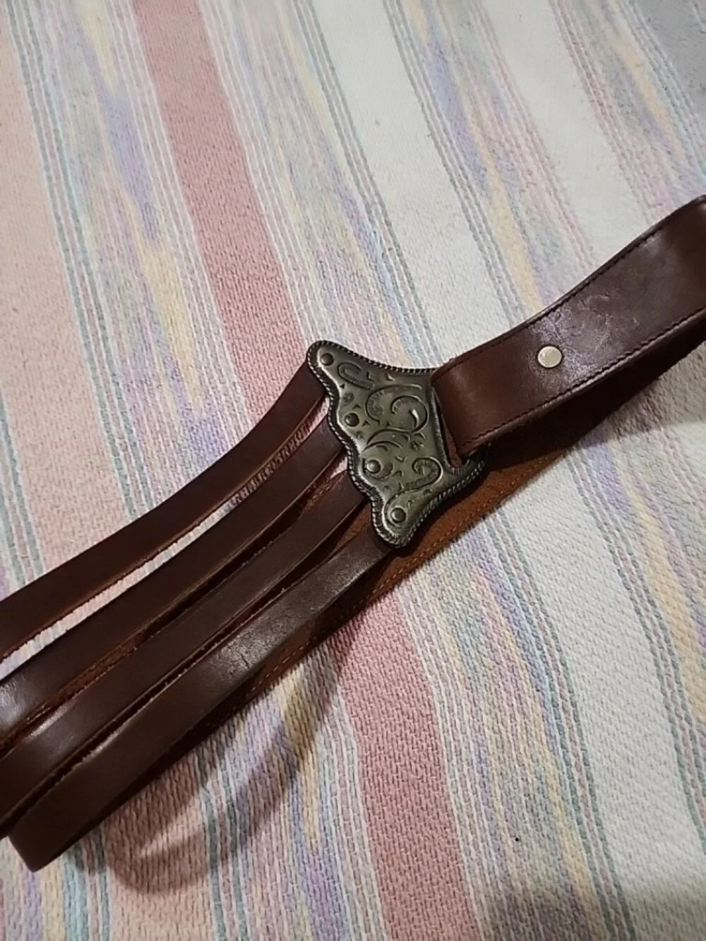 Vintage Leather Belt Etched Filigree Asymmetrical Buckle BOSTON 1987 USA Rare